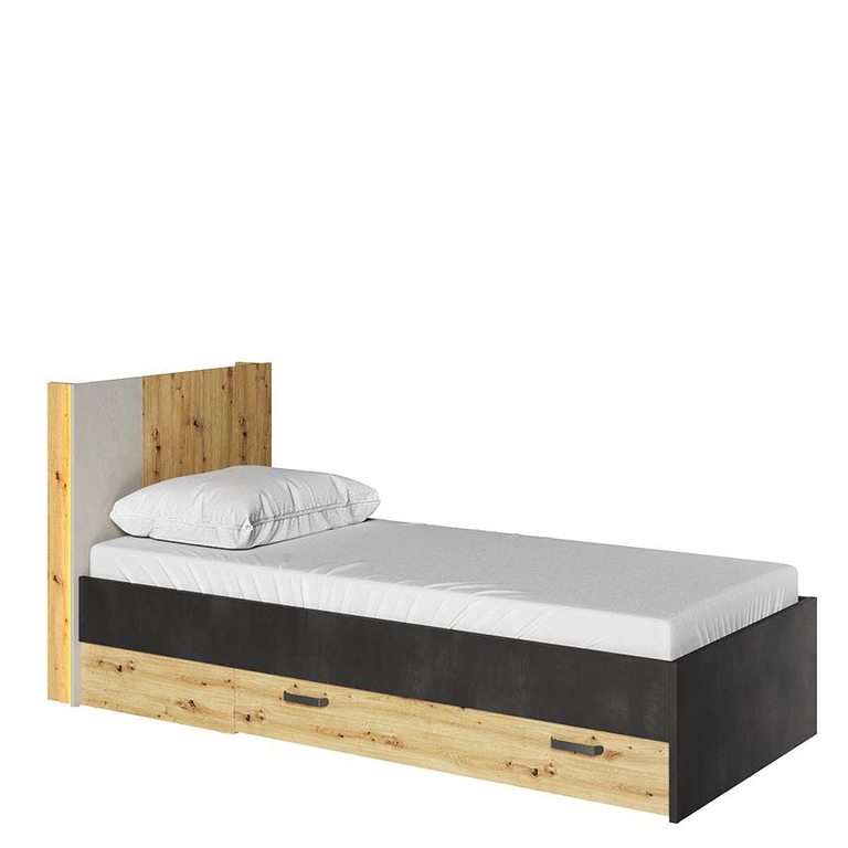 QUBIC QB-12 - łóżko 90 1s ze stelażem z oświetleniem - dąb artisan/raw steel/silk flou